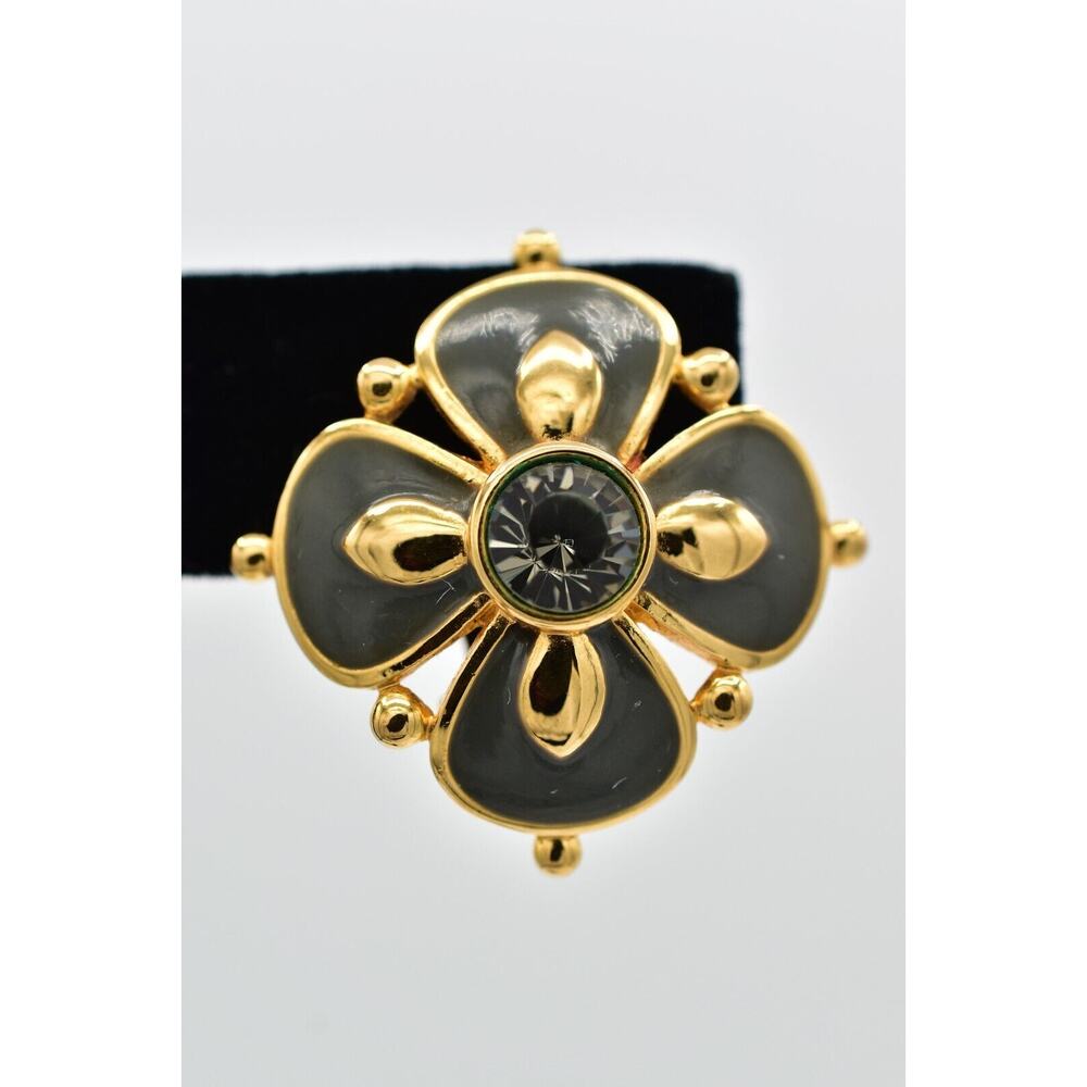 Joan Rivers Vintage Flower Clip On Earrings Gray Enamel Crystal Signed 90s BinBK - Picture 7 of 15